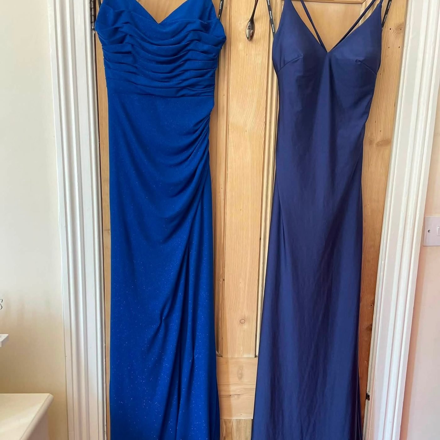 Royal blue and navy fitted satin gowns